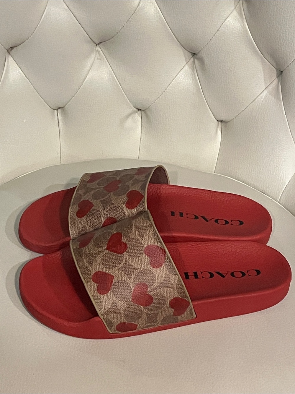 Coach Red Slide Sandals with Signature Heart Print Beautiful Eye Catching - Picture 8 of 10